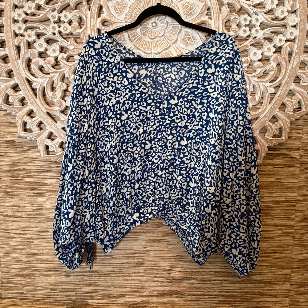 Umgee Blue and White Asymmetrical Long Sleeve Blouse